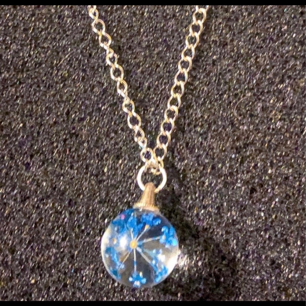 Blue Pressed Flower Glass Pendant Necklace